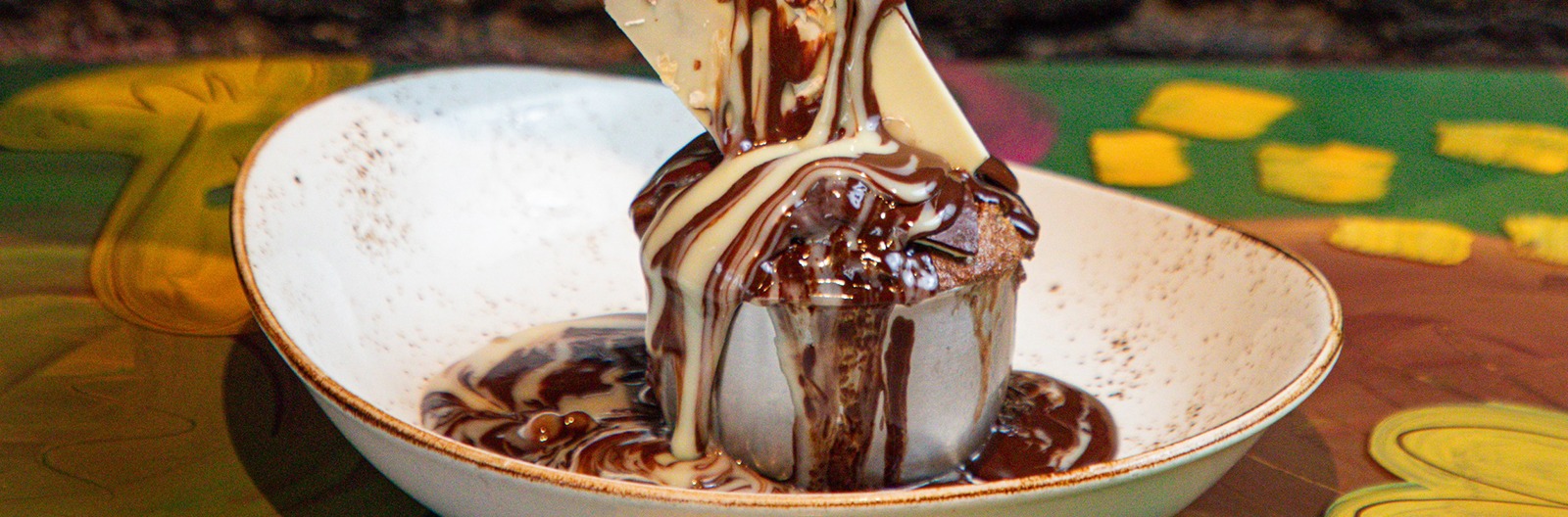 Smores Bread Pudding on a coloful dining room table