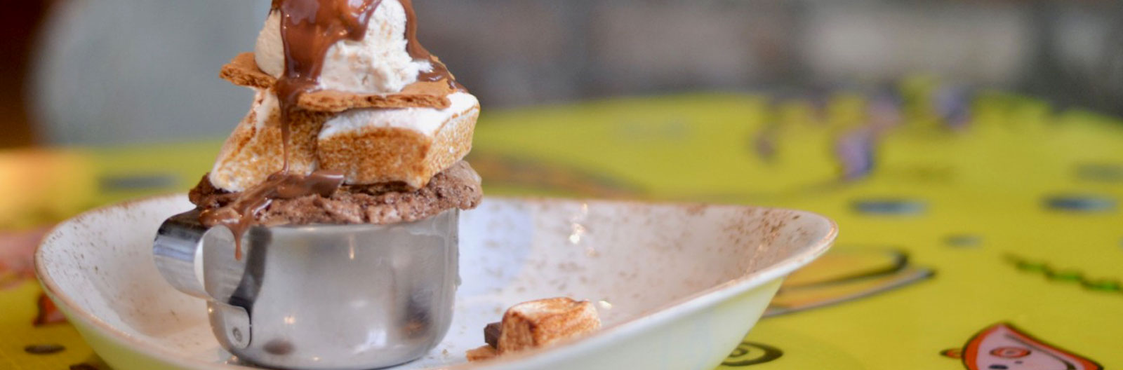 Smores Bread Pudding on a coloful dining room table